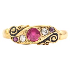 Vintage Ruby and Mine Cut Diamond Scroll Ring in 18k Yellow Gold
