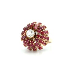 Vintage Ruby and OEC Diamond Gold 1960s Mid Century Modern Cluster Ring
