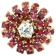 Vintage Ruby and OEC Diamond Gold 1960s Mid Century Modern Cluster Ring