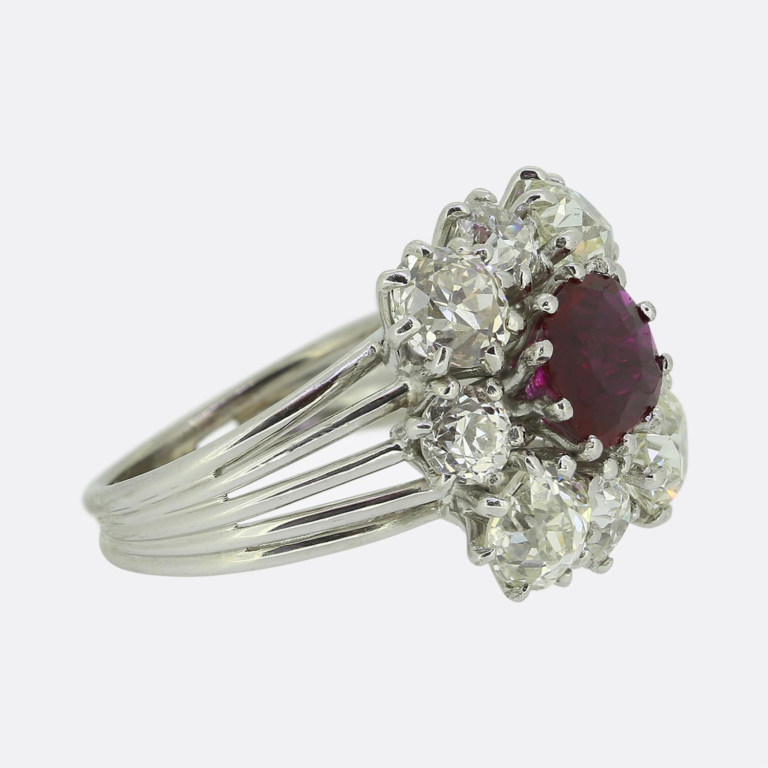 Old Mine Cut Vintage Ruby and Old Cut Diamond Cluster Ring