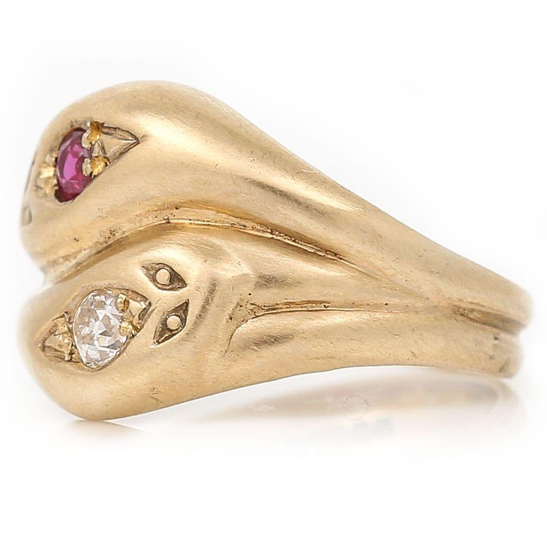 Victorian Vintage Ruby and Old Cut Diamond Double Head Snake Ring For Sale