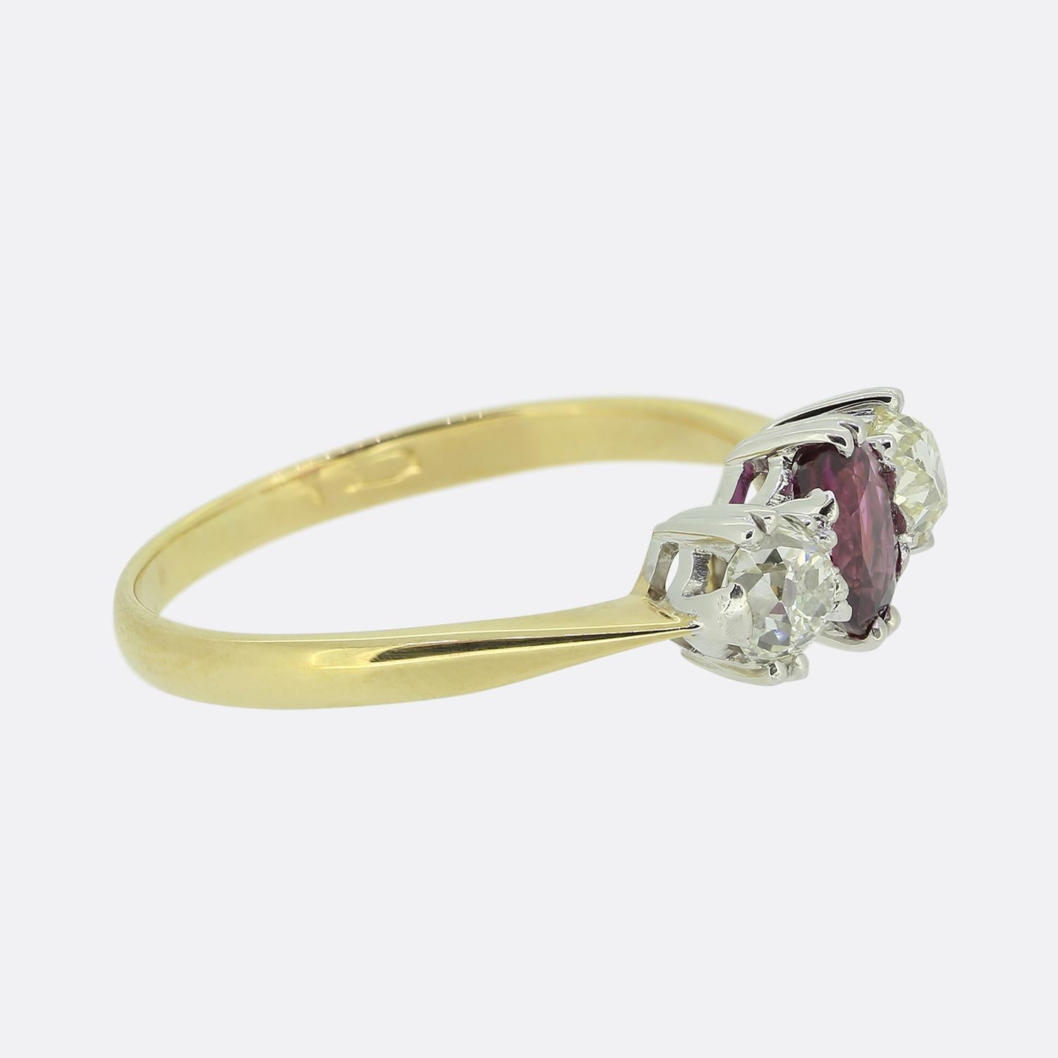Oval Cut Vintage Ruby and Old Cut Diamond Three-Stone Ring For Sale