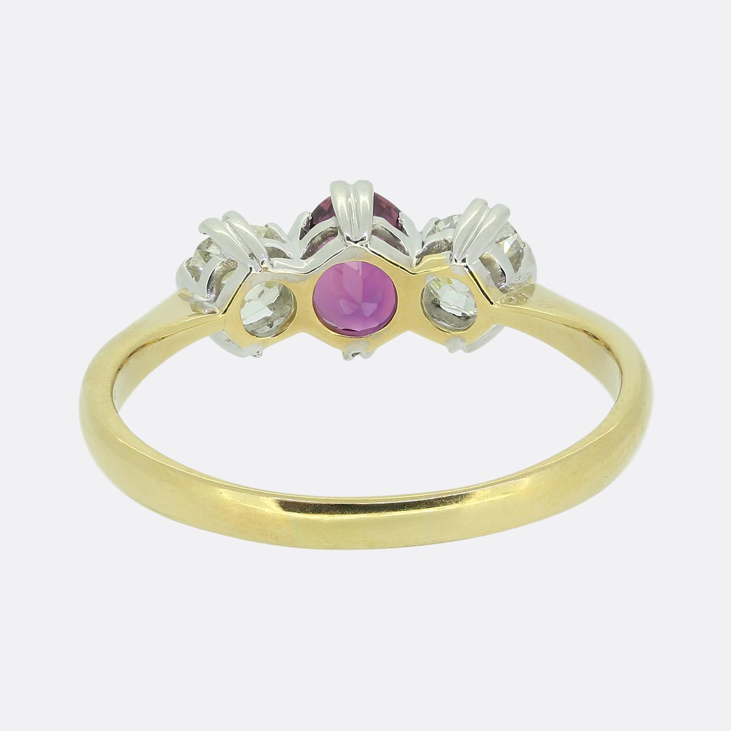Vintage Ruby and Old Cut Diamond Three-Stone Ring In Good Condition For Sale In London, GB