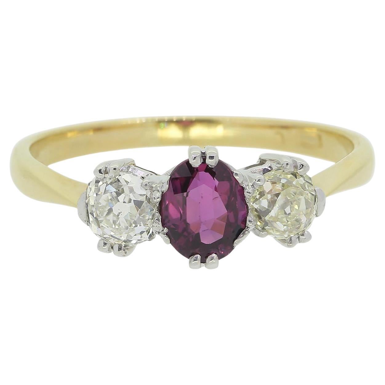 Vintage Ruby and Old Cut Diamond Three-Stone Ring