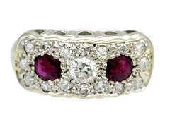 Vintage Ruby and Old Mine Cut Diamond Wide Band Ring in 14 Karat White Gold