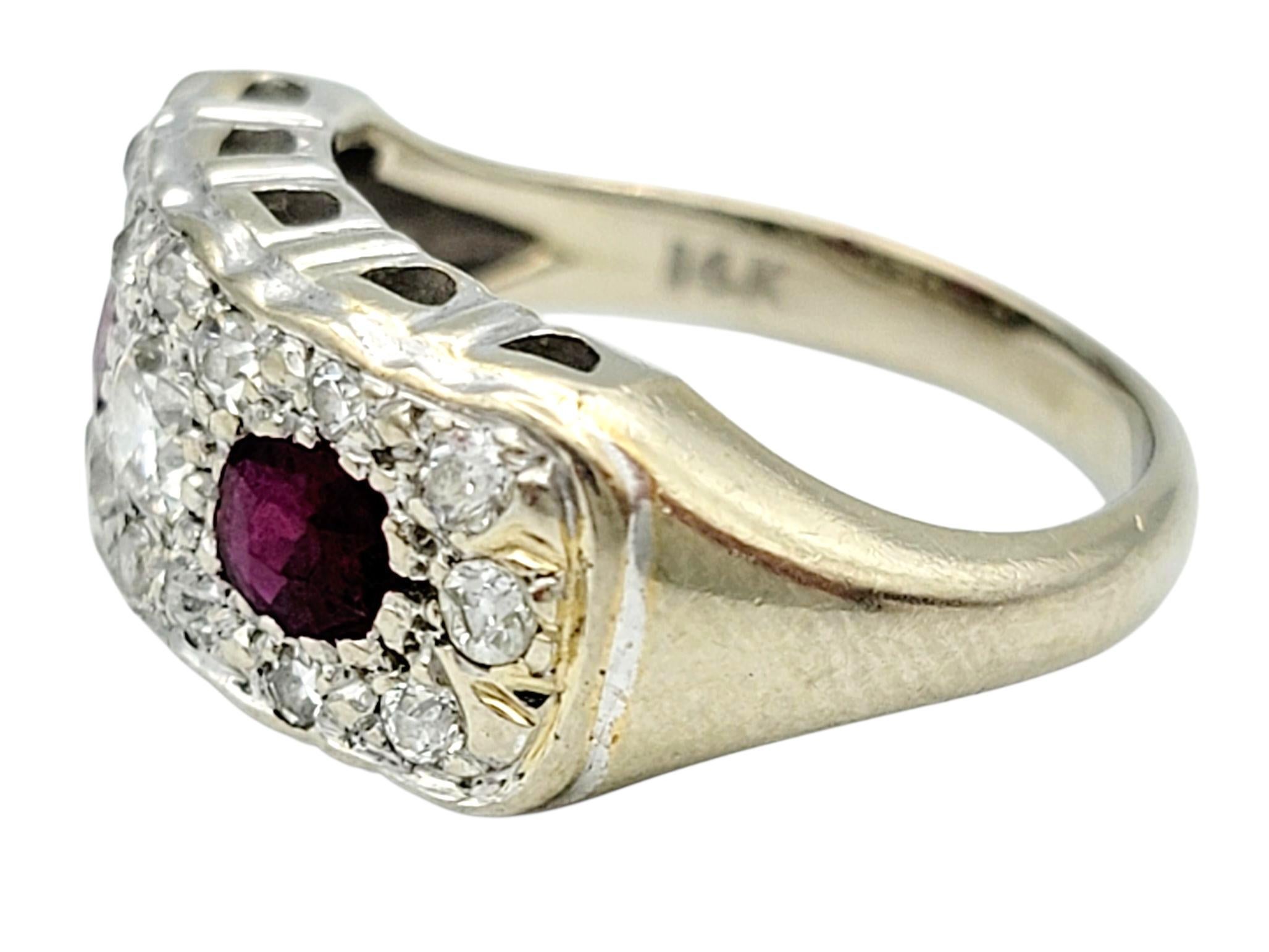 Contemporain Vintage Ruby and Old Mine Cut Diamond Wide Band Ring in 14 Karat White Gold (Bague à large bande en or blanc 14 carats avec rubis et diamants taillés à l'ancienne) en vente