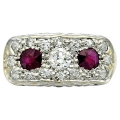 Vintage Ruby and Old Mine Cut Diamond Wide Band Ring in 14 Karat White Gold