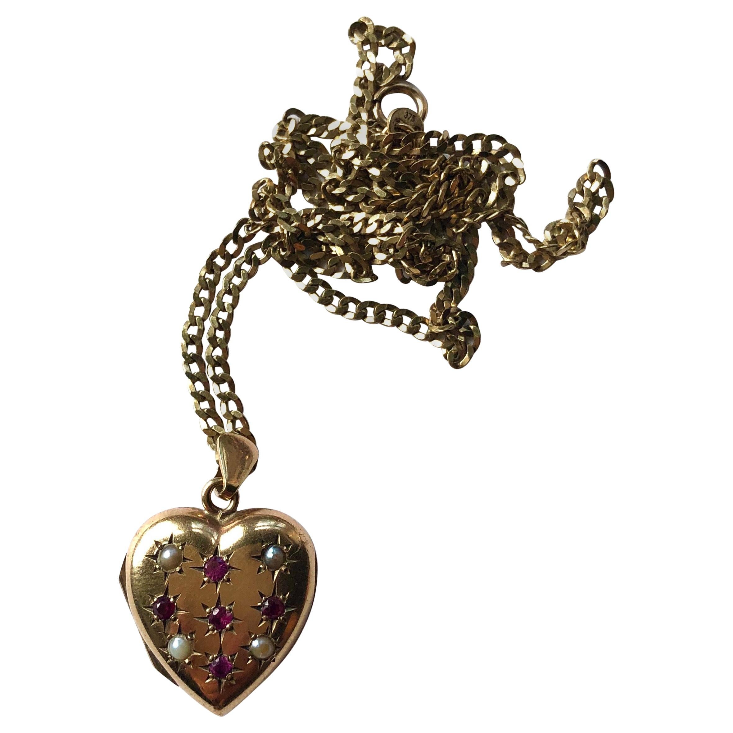 Vintage Ruby and Pearl 9 Carat Gold Locket and Chain