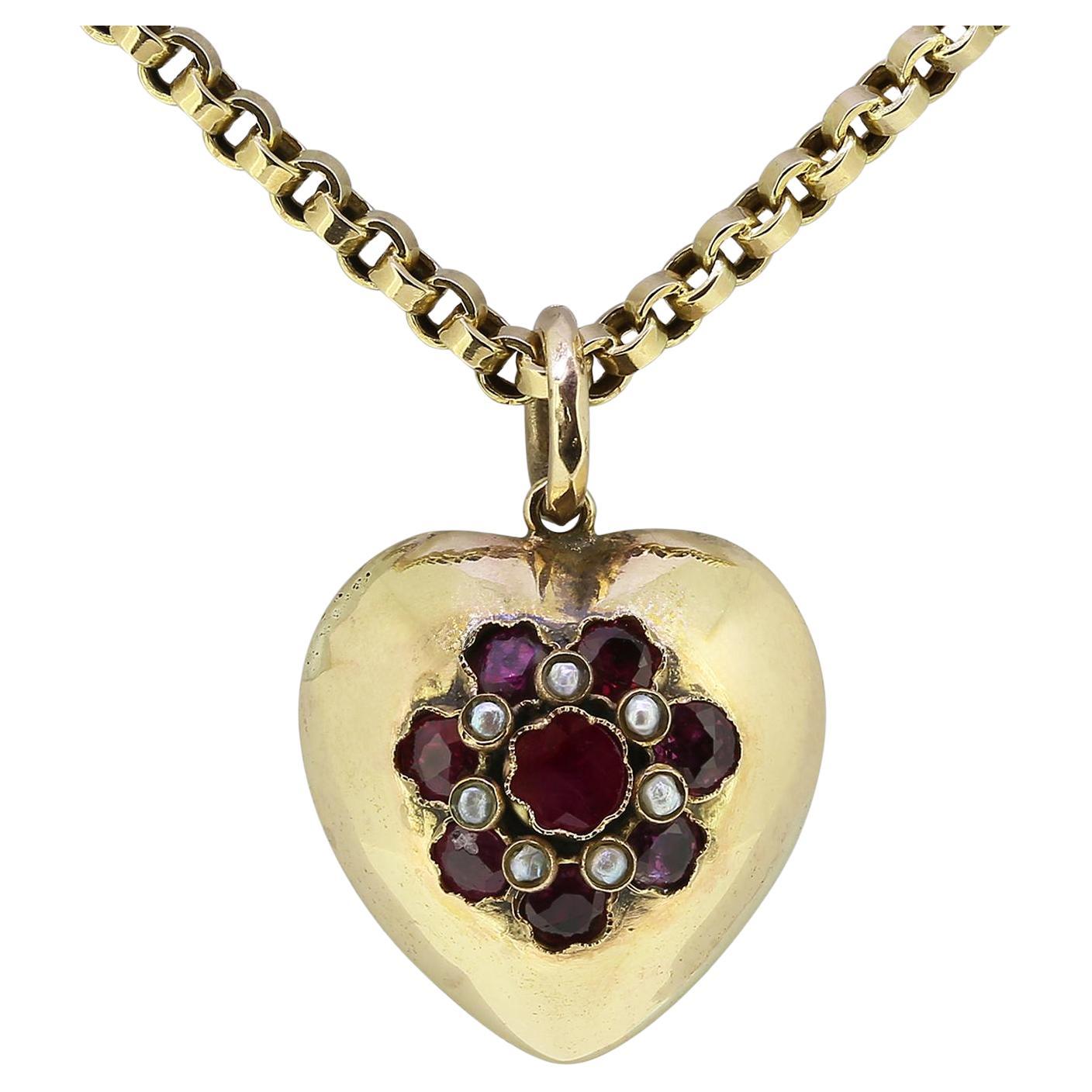 Vintage Ruby and Pearl Heart Pendant Necklace For Sale