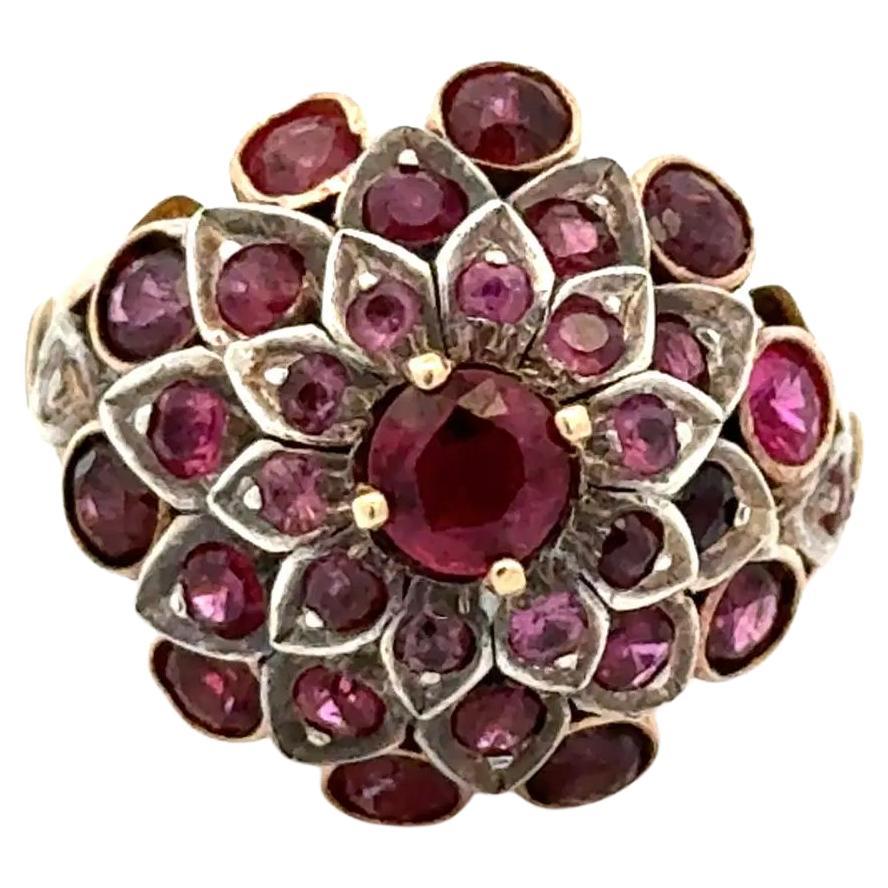 Vintage Ruby and Pink Sapphire Silver on Gold Bombay Ring Estate For Sale