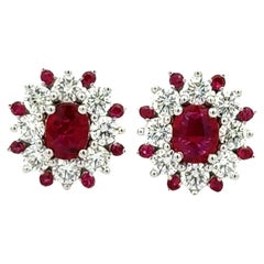 Vintage Ruby and RBC Diamond Alternate Cluster Style Gold Stud Earrings