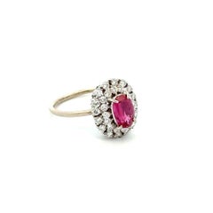 Anello vintage con rubino e diamanti RBC, doppio halo in platino – Gioielli di pregio di seconda mano