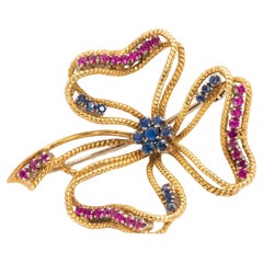 Vintage Ruby and Sapphire Brooch Set in 18k Yellow Gold