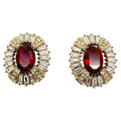Vintage Ruby & Baguette Crystal Earrings 1980s