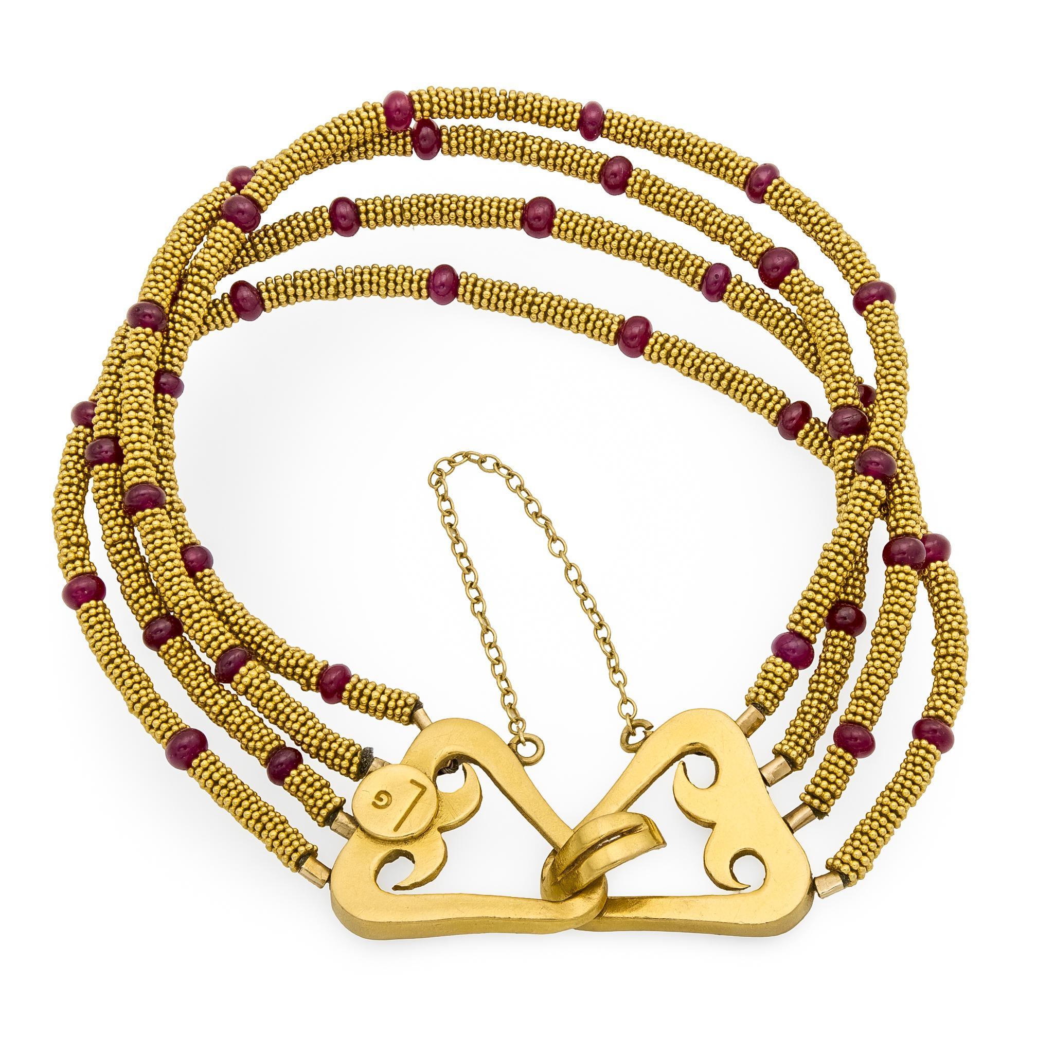 Modern Vintage ruby beads 22k yellow gold bracelet For Sale