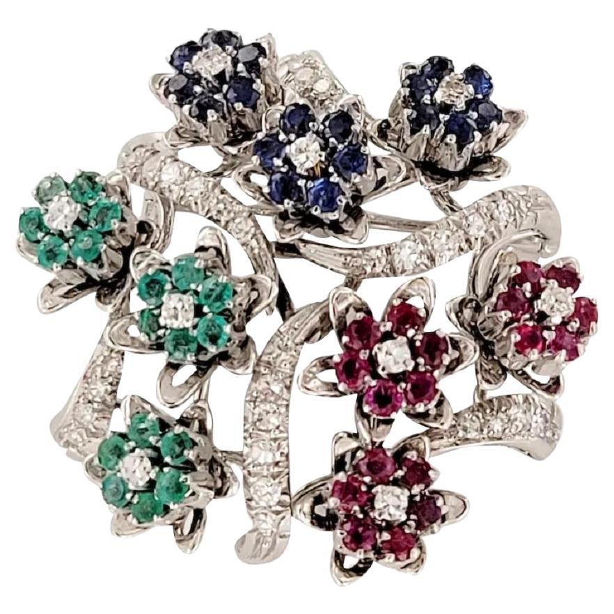 Vintage Ruby, Blue Sapphire, Emerald and Diamond Brooch in 18K White Gold For Sale