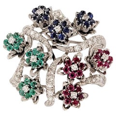 Used Ruby, Blue Sapphire, Emerald and Diamond Brooch in 18K White Gold
