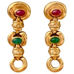 Vintage Ruby, Cabochon and Diamond 14 Karat Yellow Gold Drop Earrings