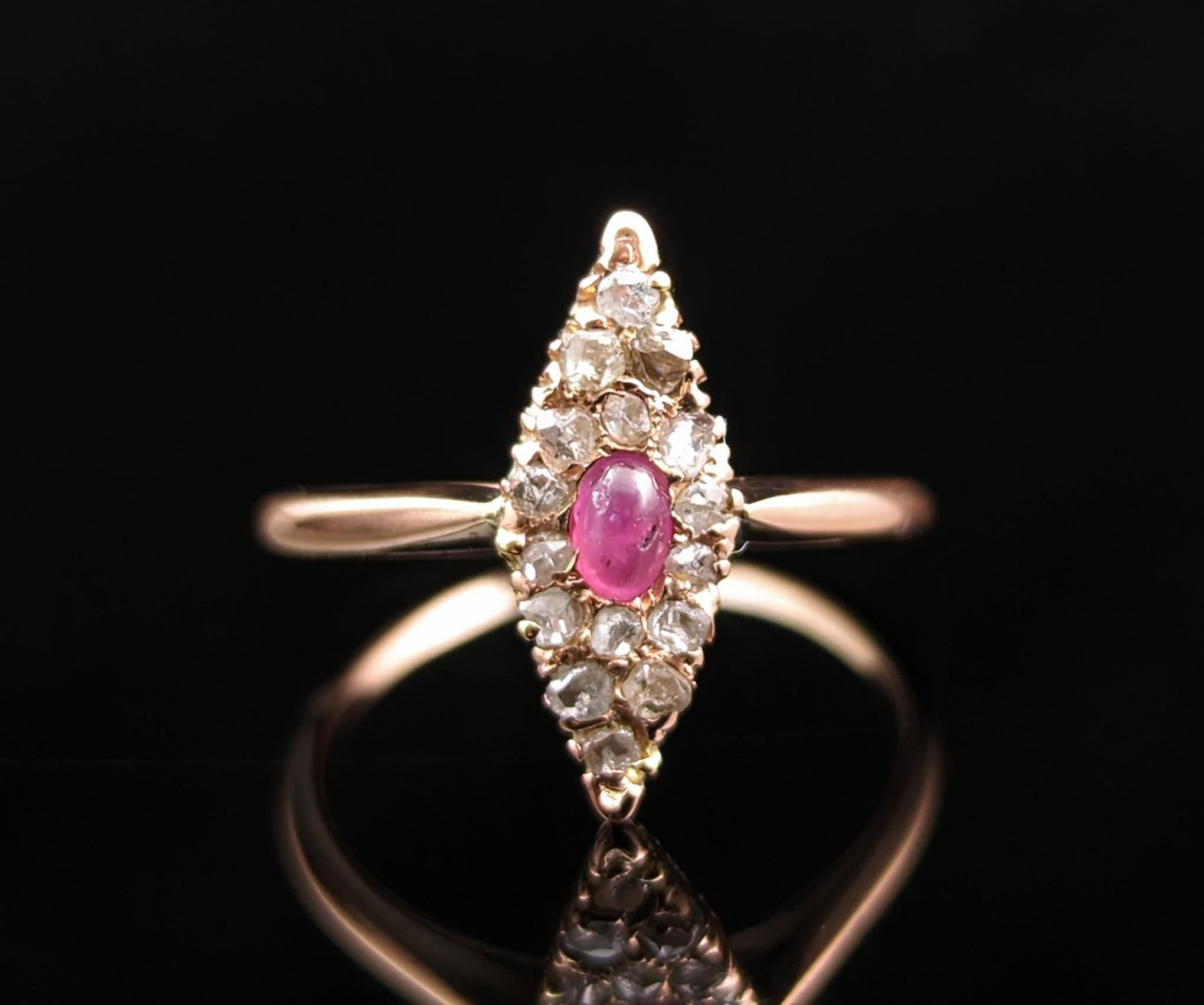 Vintage Ruby cabochon and rose cut Diamond navette ring, 14k Rose gold  For Sale 4