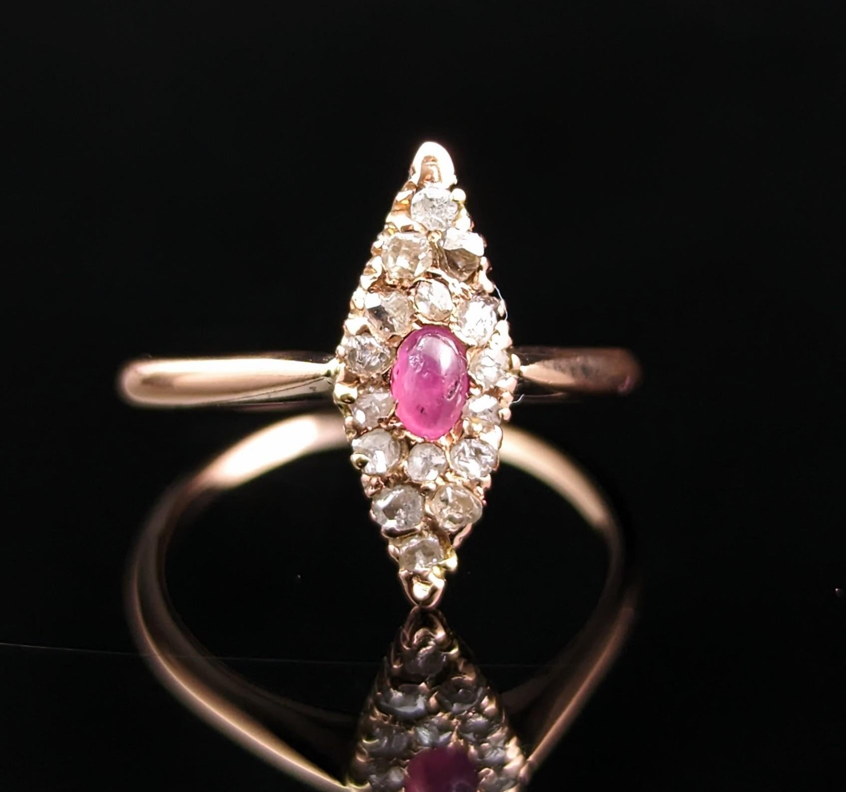 Vintage Ruby cabochon and rose cut Diamond navette ring, 14k Rose gold  For Sale 5