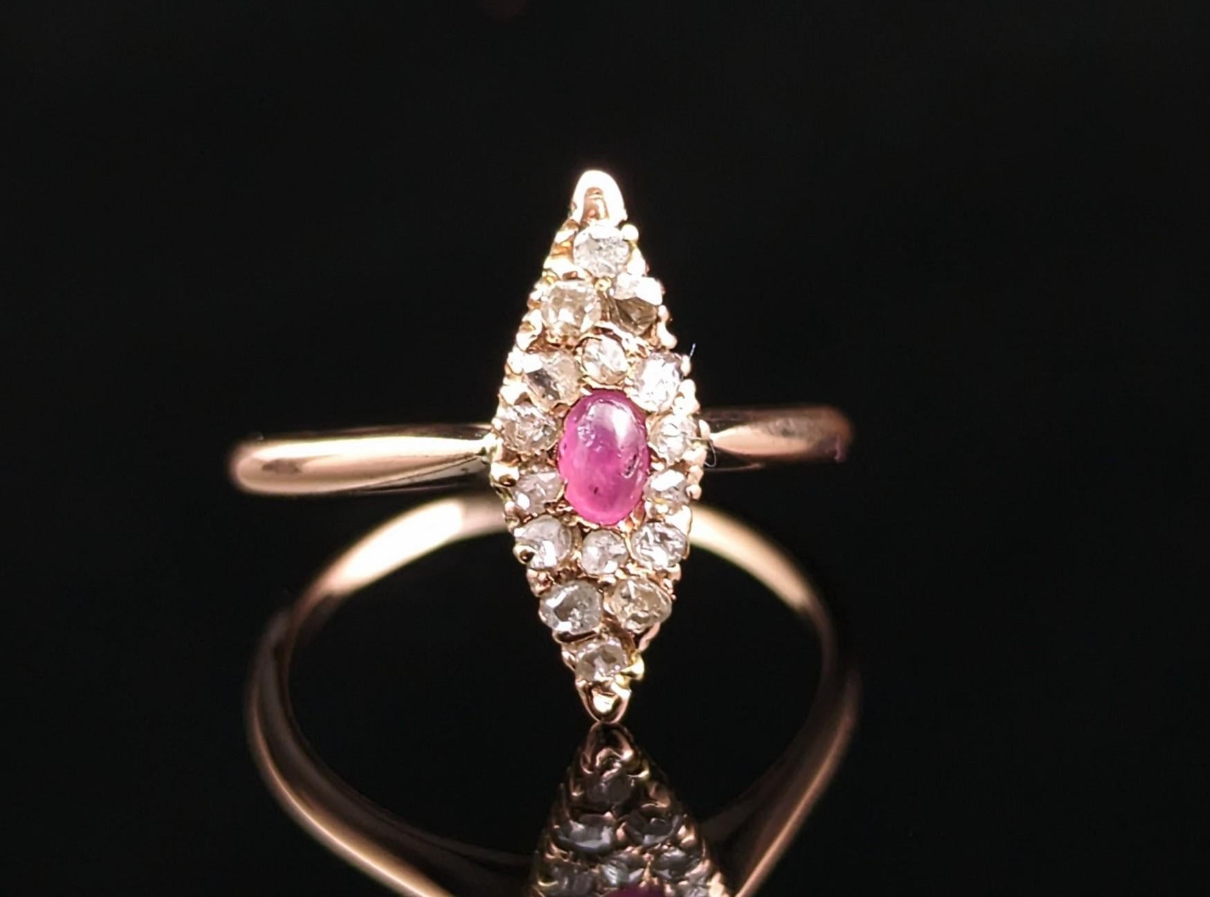 Vintage Ruby cabochon and rose cut Diamond navette ring, 14k Rose gold  For Sale 7