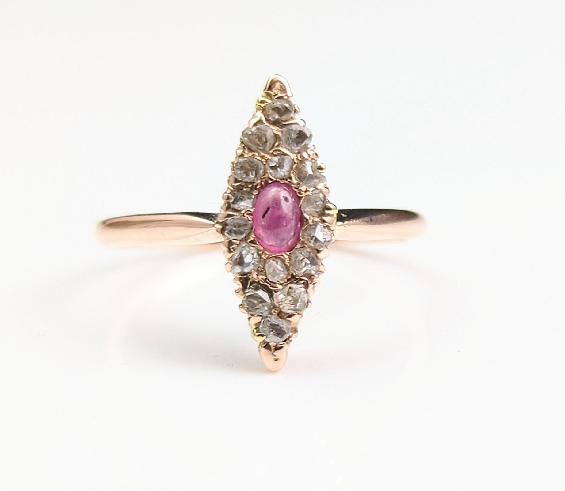 Vintage Ruby cabochon and rose cut Diamond navette ring, 14k Rose gold  For Sale 8