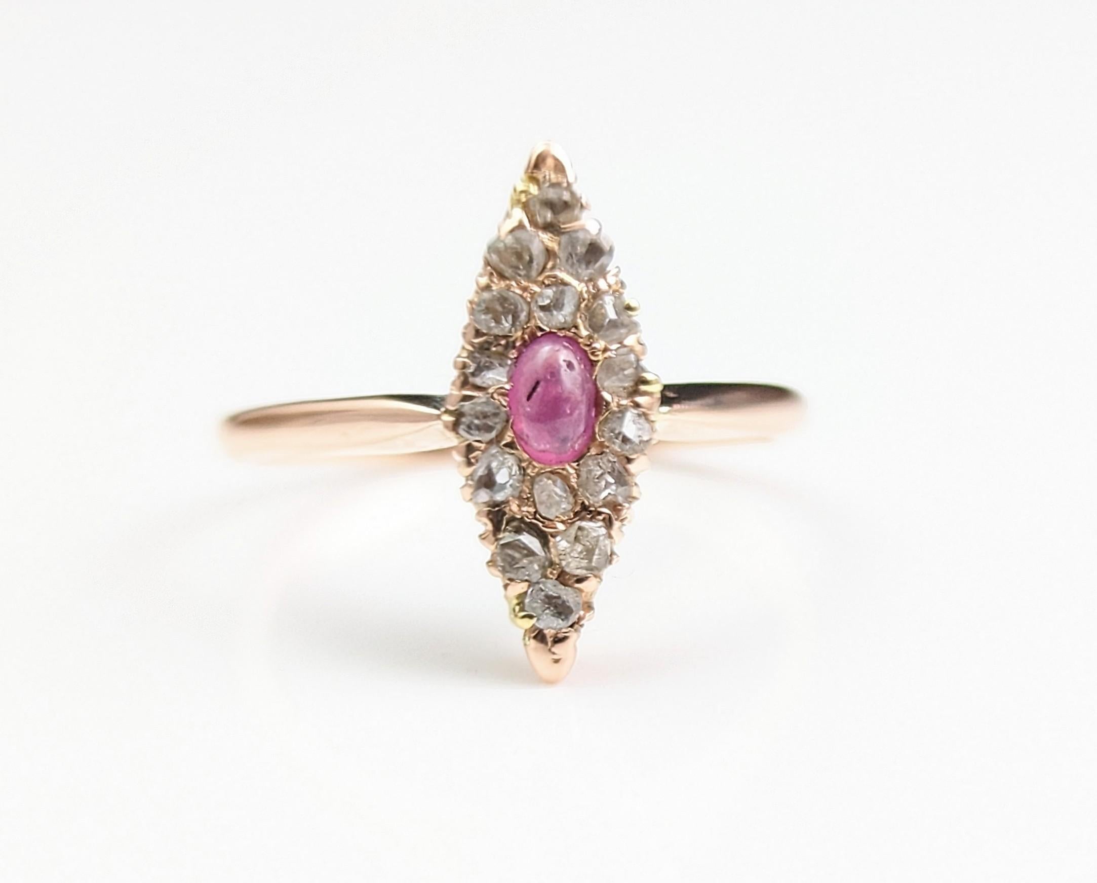 Vintage Ruby cabochon and rose cut Diamond navette ring, 14k Rose gold  For Sale 9