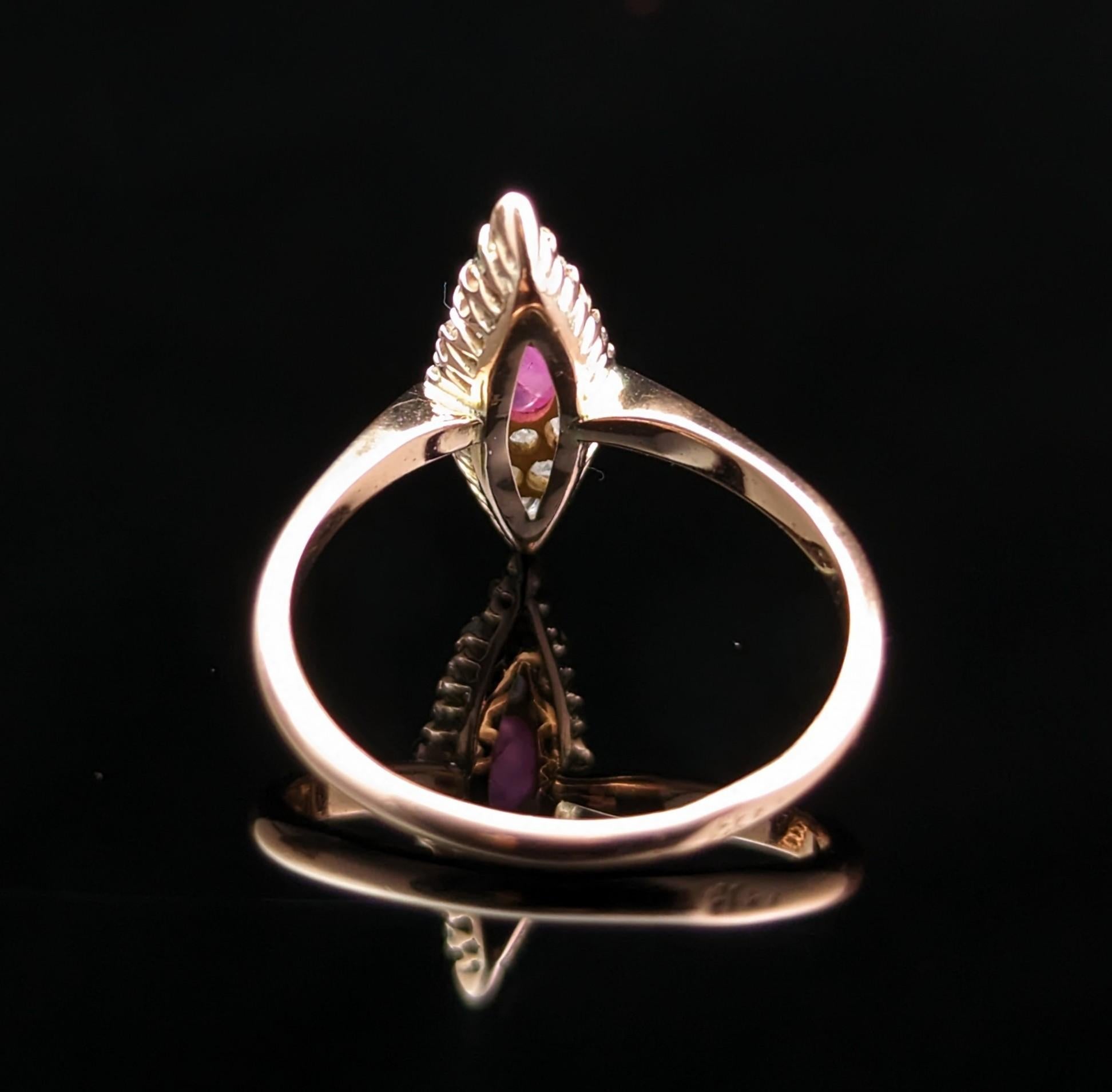 Victorian Vintage Ruby cabochon and rose cut Diamond navette ring, 14k Rose gold  For Sale