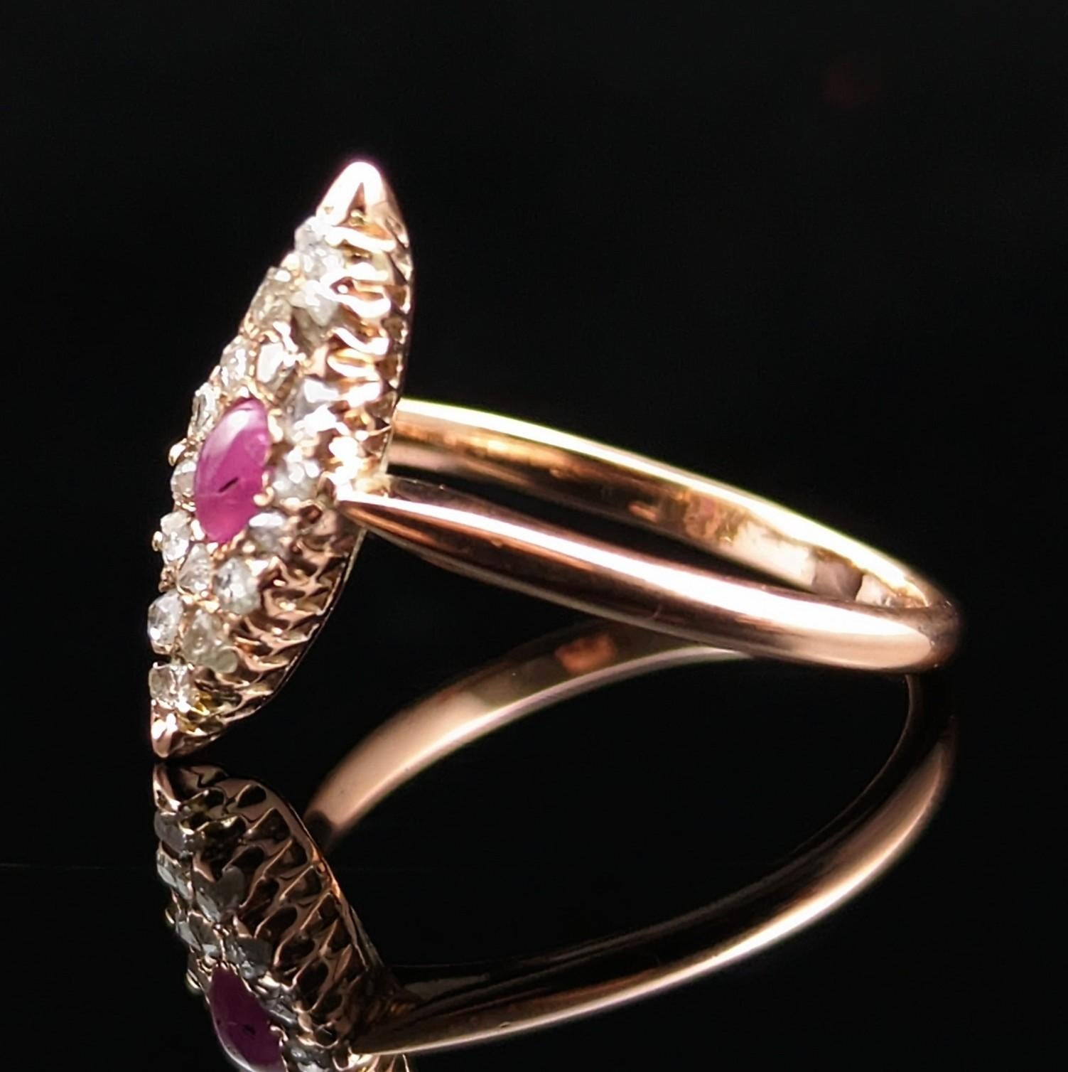 Rose Cut Vintage Ruby cabochon and rose cut Diamond navette ring, 14k Rose gold  For Sale