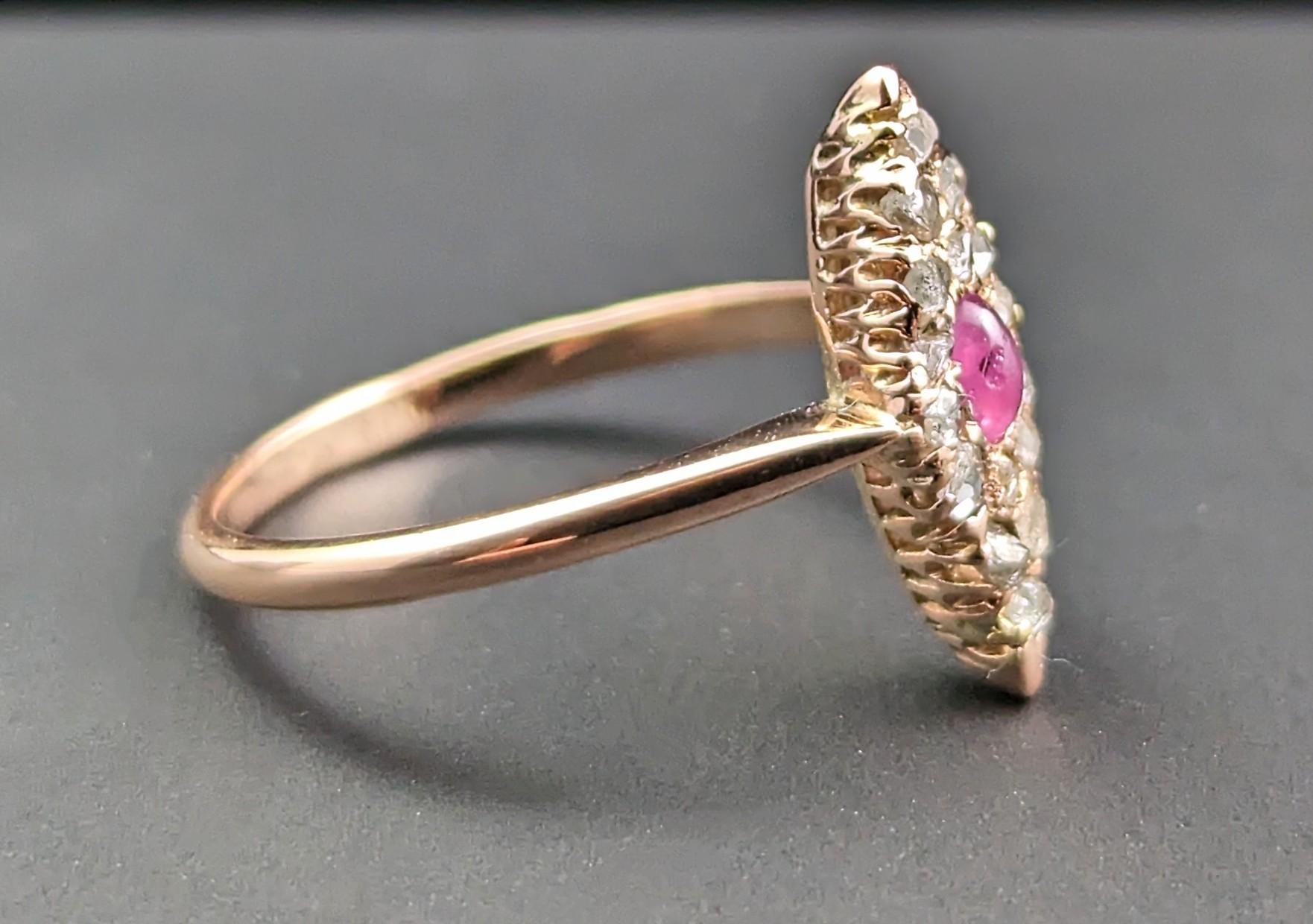 Vintage Ruby cabochon and rose cut Diamond navette ring, 14k Rose gold  In Good Condition For Sale In NEWARK, GB