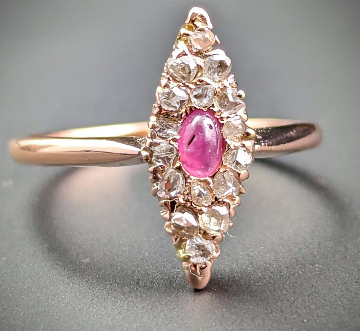 Vintage Ruby cabochon and rose cut Diamond navette ring, 14k Rose gold  For Sale 1