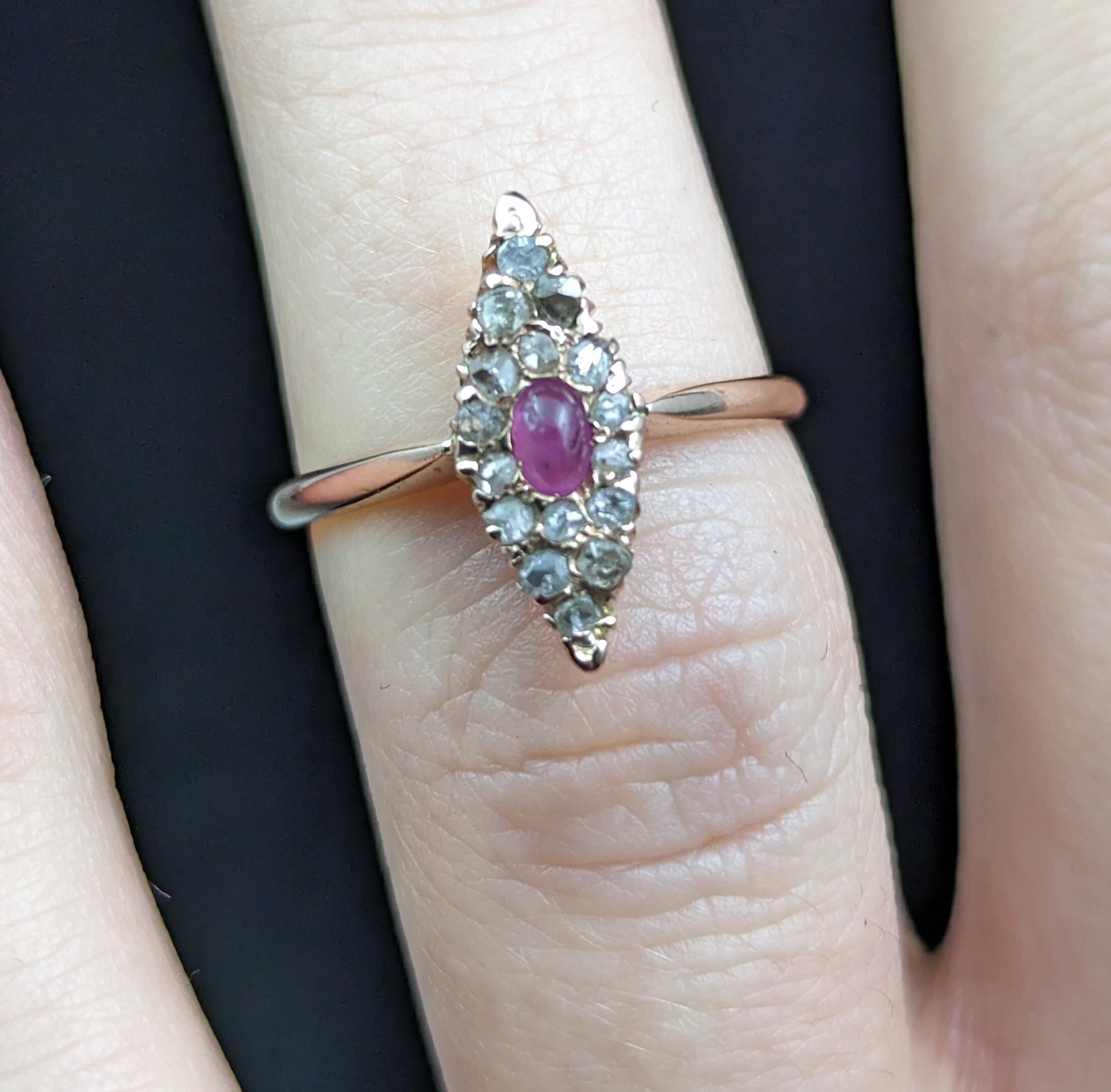 Vintage Ruby cabochon and rose cut Diamond navette ring, 14k Rose gold  For Sale 2