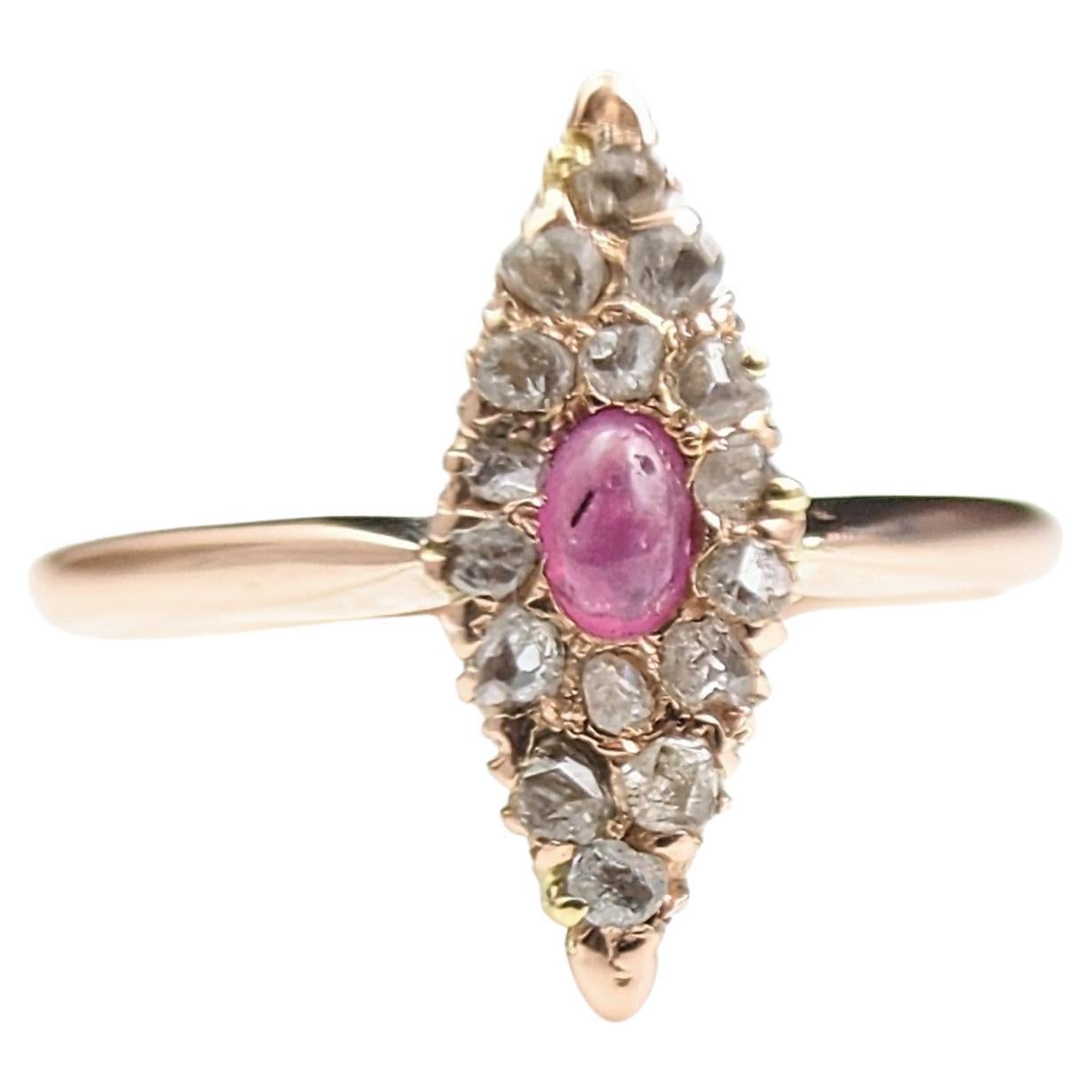 Bague vintage en or rose 14 carats avec cabochon de rubis et navette en diamants taille rose 