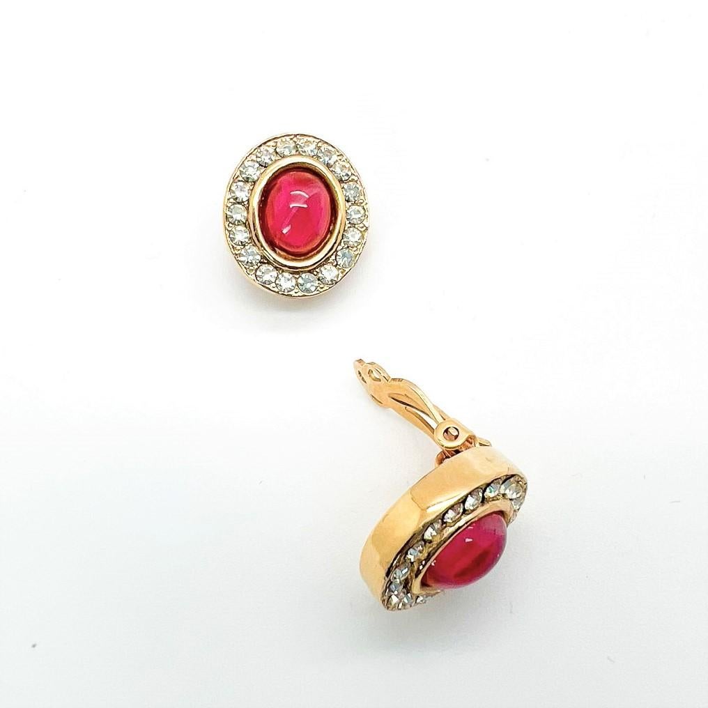 Women's or Men's Vintage Ruby Cabochon Crystal Earrings 1980s For Sale