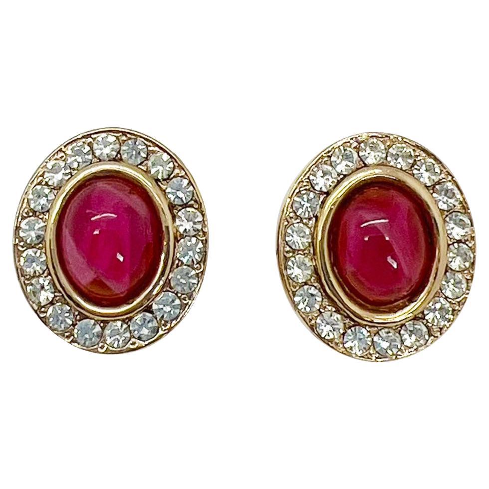 Vintage Ruby Cabochon Crystal Earrings 1980s For Sale