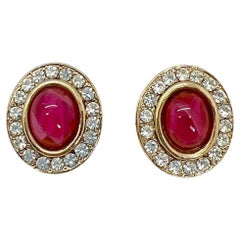 Vintage Ruby Cabochon Crystal Earrings 1980s