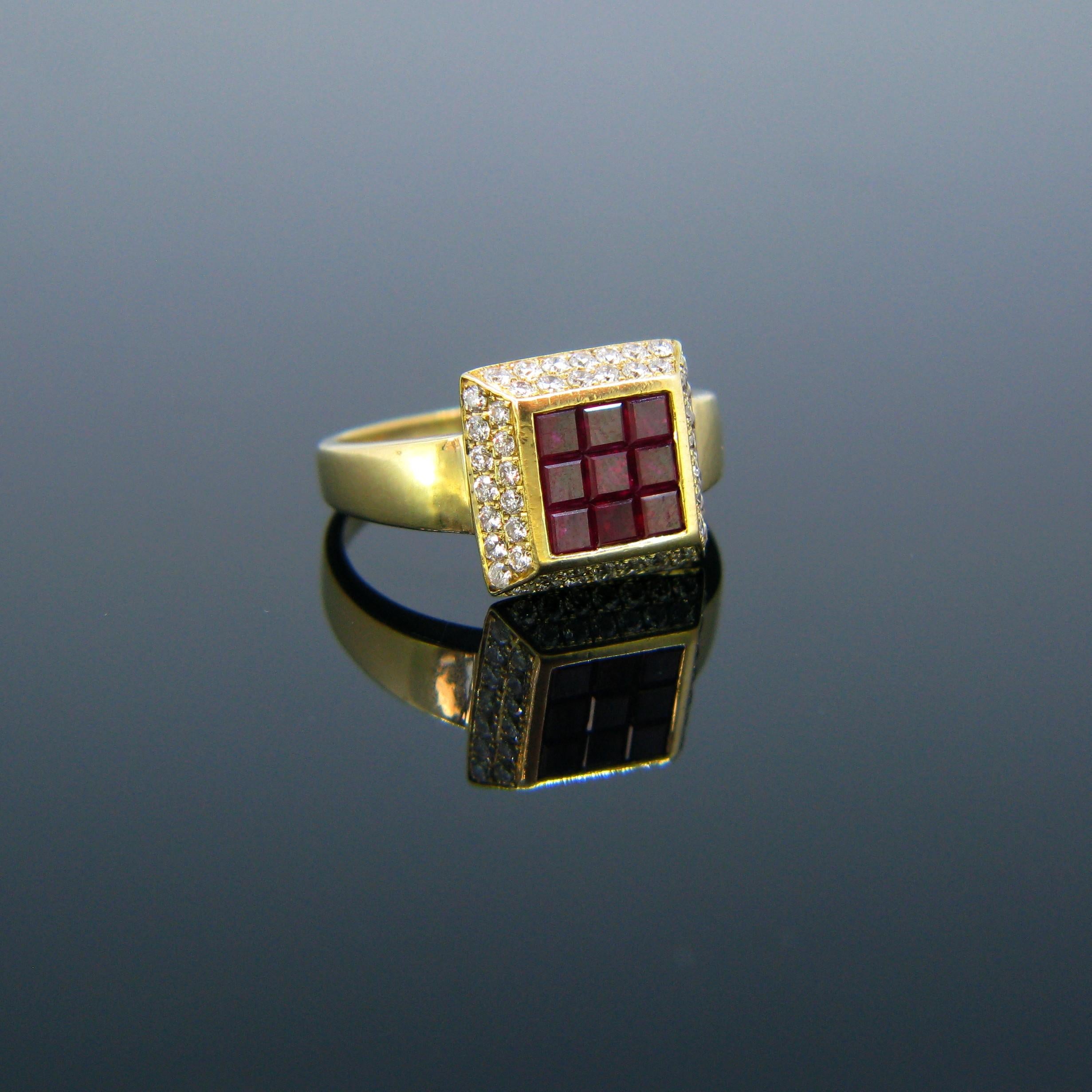 This square shaped ring is fully made in 18kt yellow gold. It is set with 9 calibre rubies; we think they are Burmese no heat. The total ruby carat weight is around 2ct. It is also with 53 round brilliant cut diamonds around the rubies. The ring