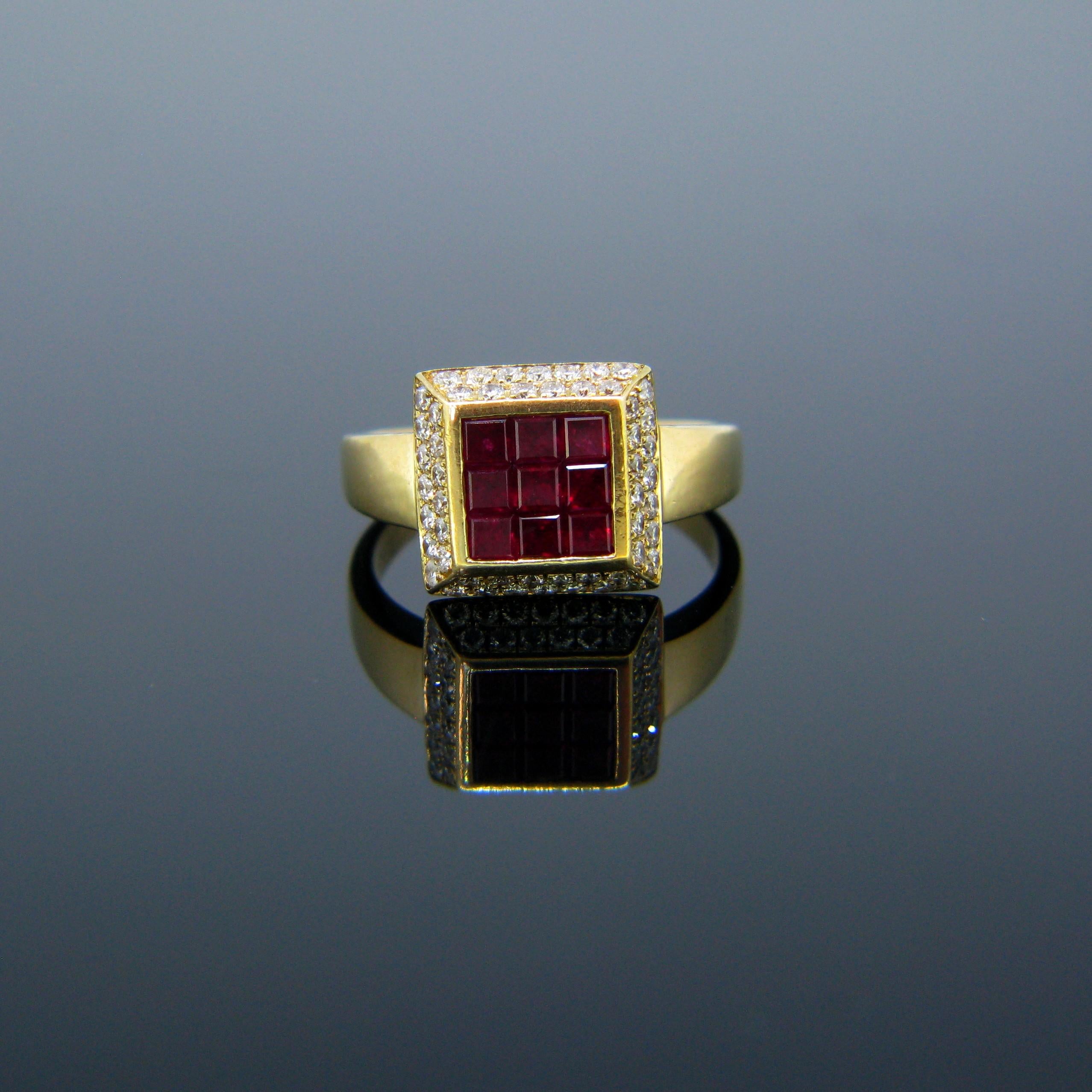 Vintage Ruby Calibre Diamonds Square Yellow Gold Cocktail Ring 2