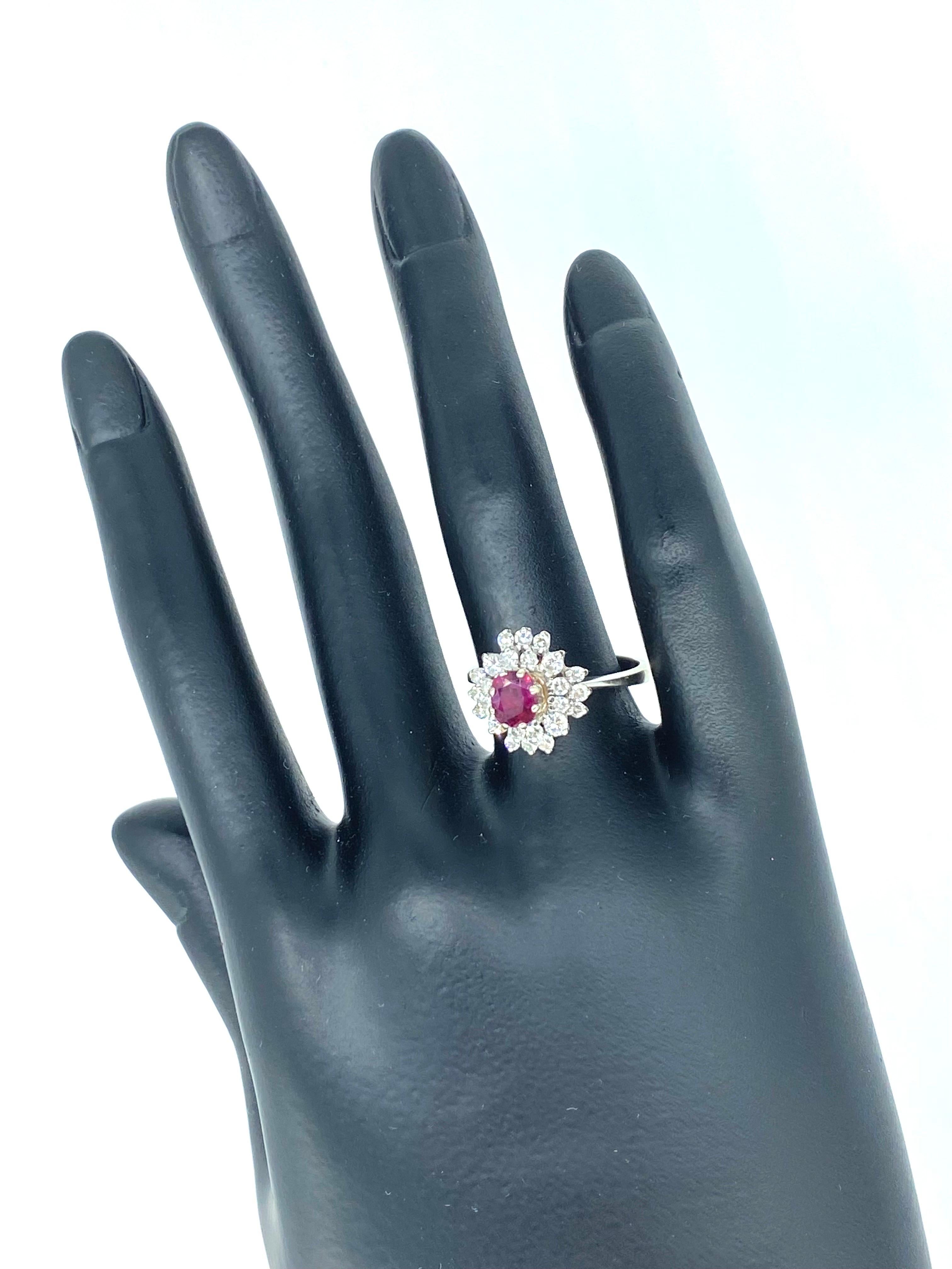 Oval Cut Vintage Ruby Center and Diamonds Surrounding Cluster Ring 18k White Gold For Sale