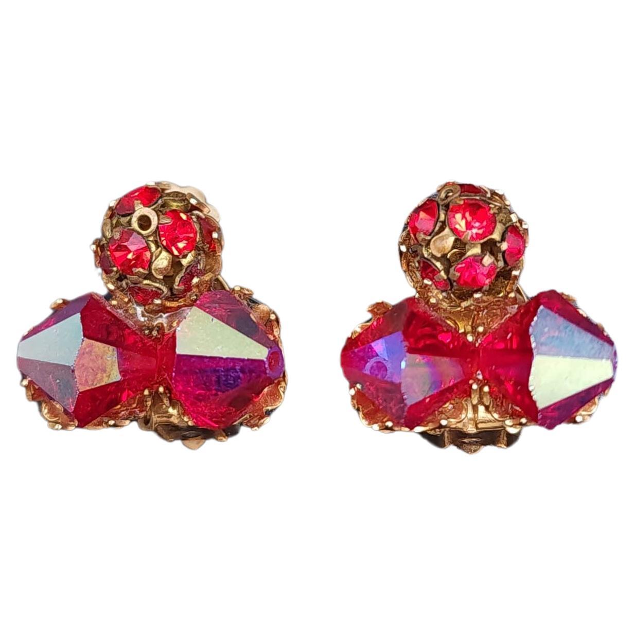 Vintage Ruby Crystal Aurora Borealis AB Clip On Earrings, Gold Tone For Sale