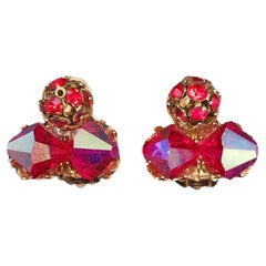Vintage Ruby Crystal Aurora Borealis AB Clip On Earrings, Gold Tone