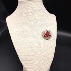 Vintage Ruby Crystal Brooch, Regal Motif, Silver-Tone Setting Mid 1900s