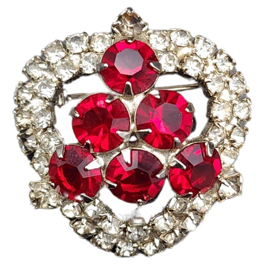 Vintage Ruby Crystal Brooch, Regal Motif, Silver-Tone Setting Mid 1900s For Sale