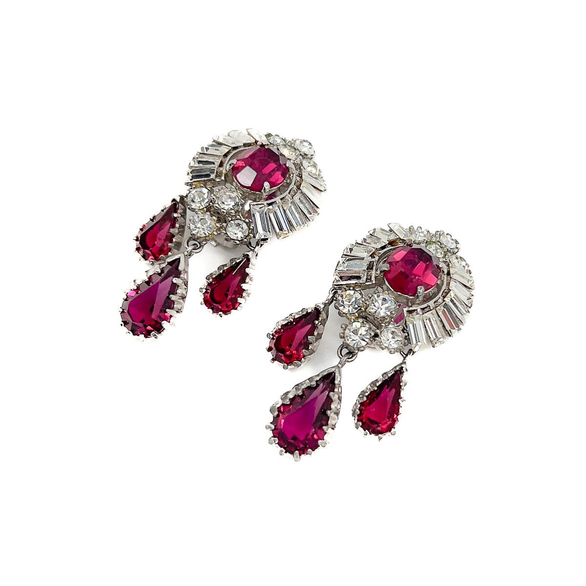 Vintage Ruby Crystal Droplet Earrings Attr. Maer 1950S In Good Condition In Wilmslow, GB