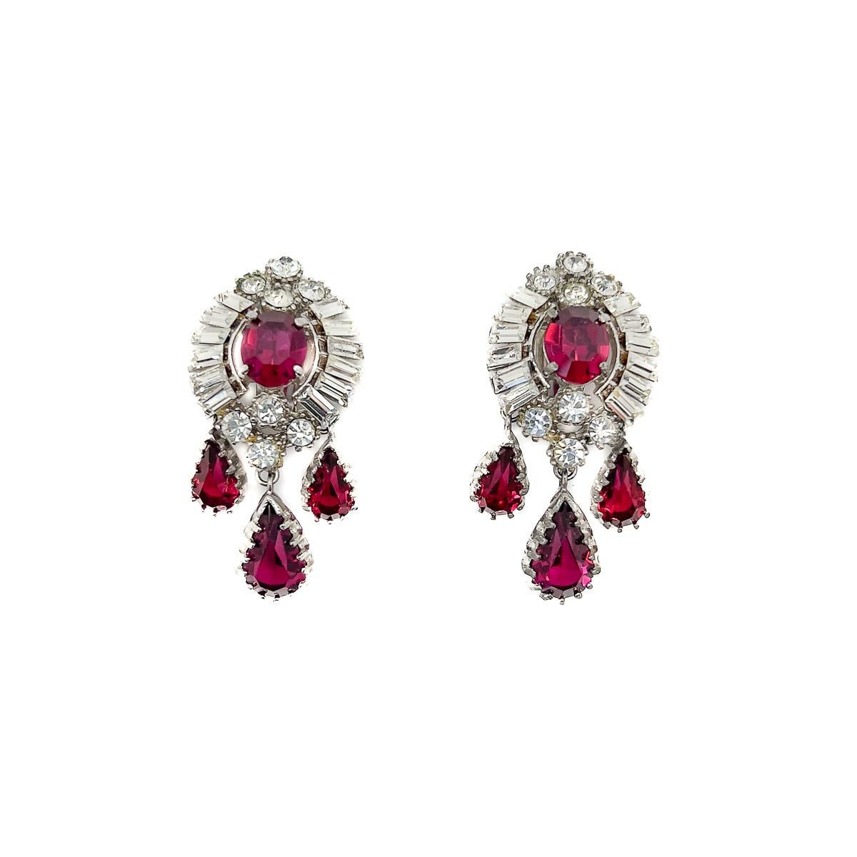 Women's Vintage Ruby Crystal Droplet Earrings Attr. Maer 1950S