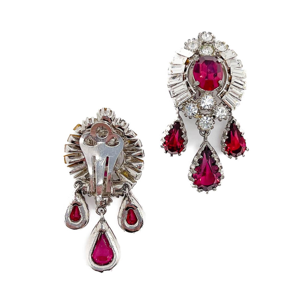 Vintage Ruby Crystal Droplet Earrings Attr. Maer 1950S 1