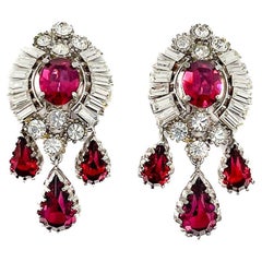 Vintage Ruby Crystal Droplet Earrings Attr. Maer 1950S