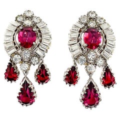 Boucles d'oreilles Vintage Ruby Crystal Droplet Attr. Maer 1950S