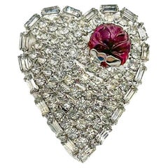 Vintage Ruby Crystal Heart Brooch 1980s