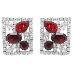 Vintage Ruby Crystal Plaque Earrings 1960s